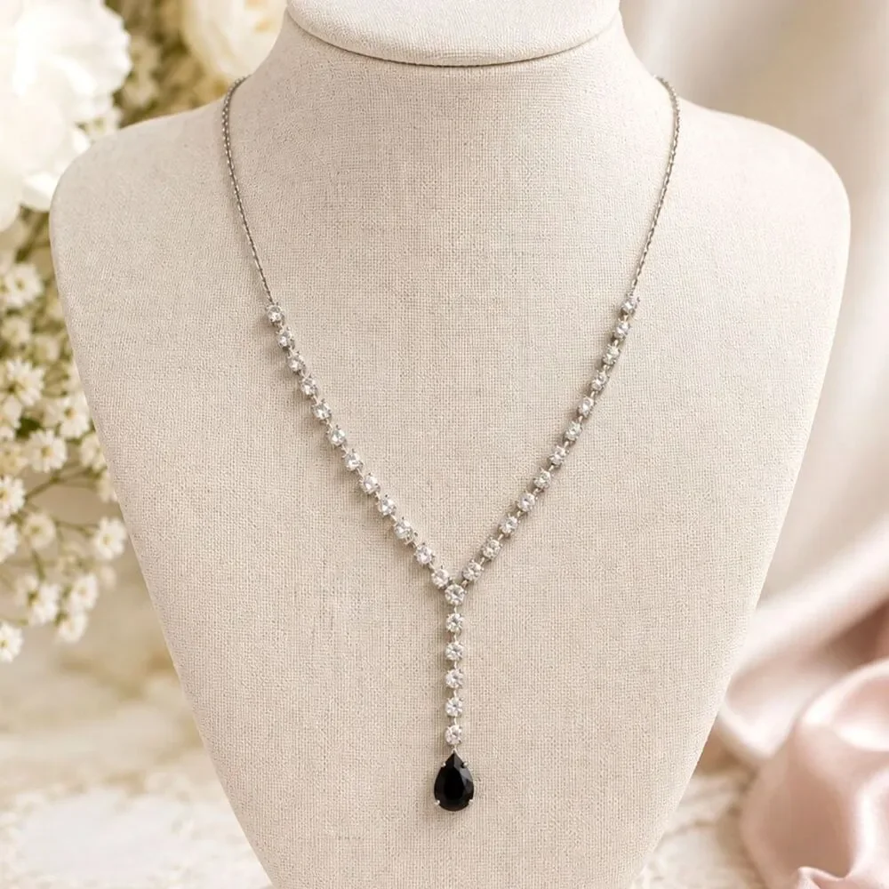 Vintage Rhinestone Y Drop Gold Tone Necklace